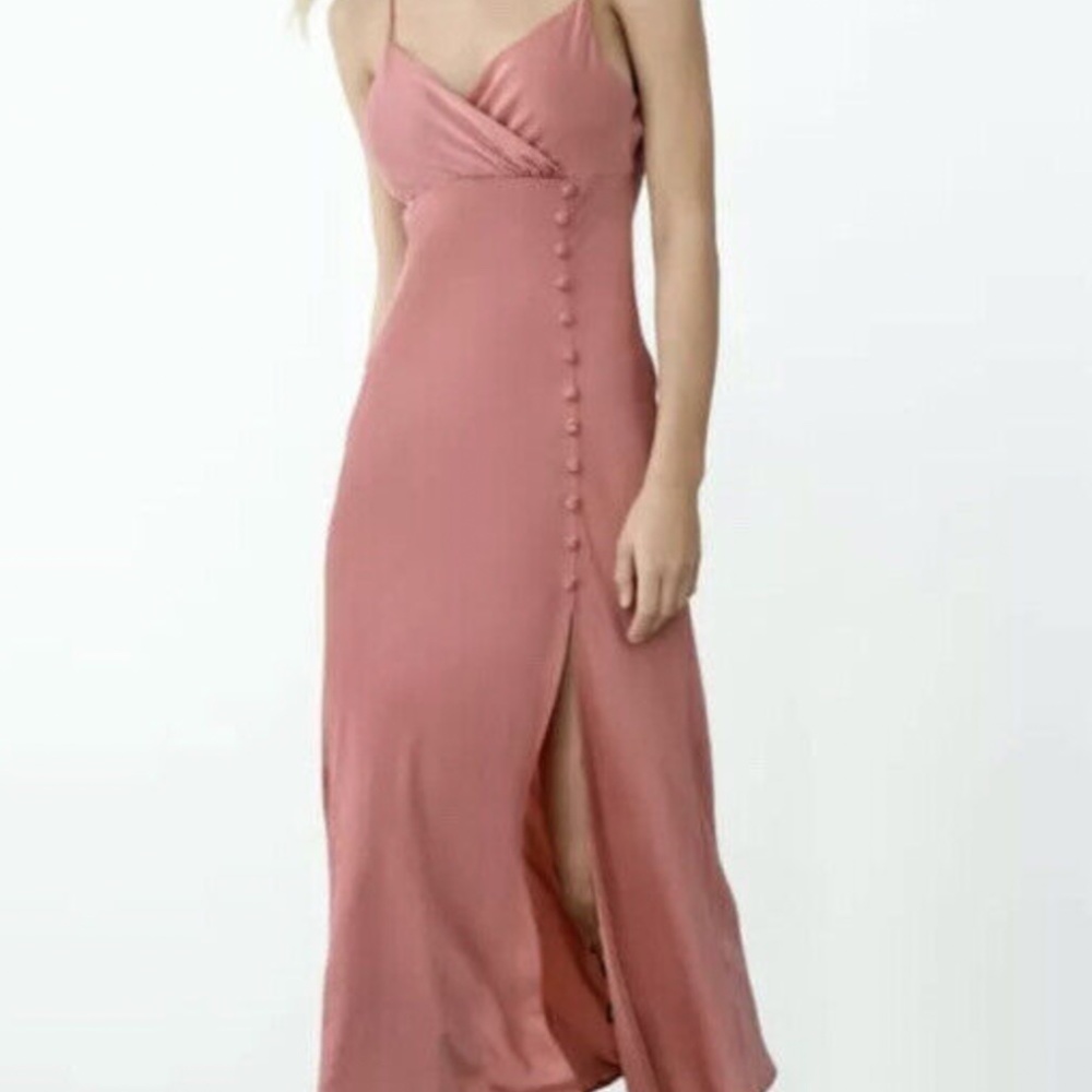 ZARA Buttoned Side Satin Slip Midi Dress - Blush/Pink